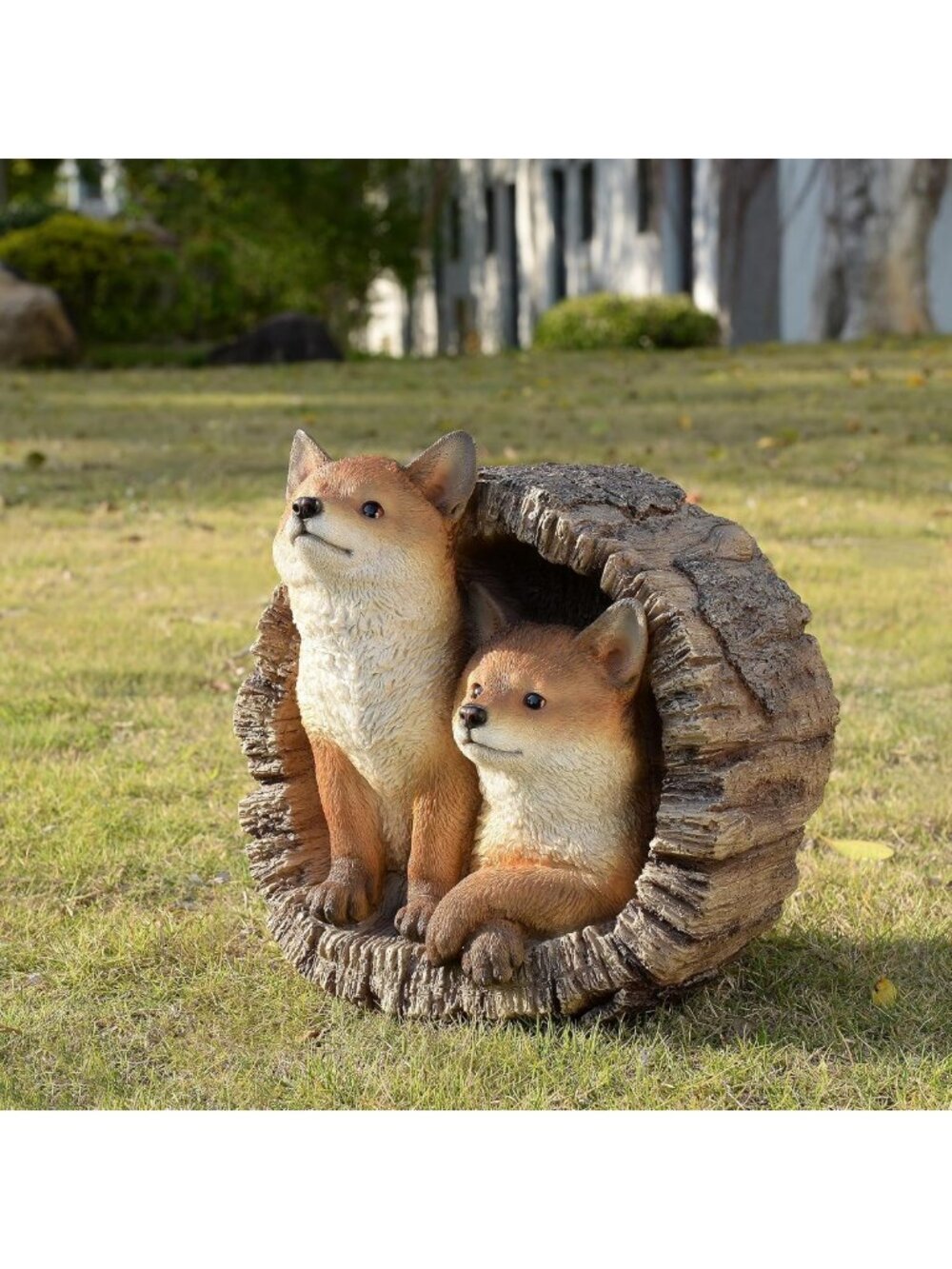 Adorable Foxes in Stump Figurine - Unique Home Decor for Animal Lovers